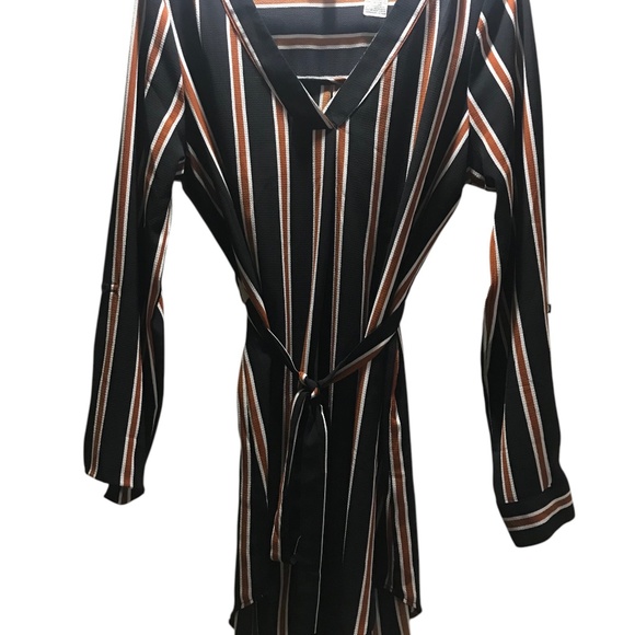 MINE Striped Long Sleeve Wrap Dress | Black Rust White Belted Midi - Picture 1 of 14